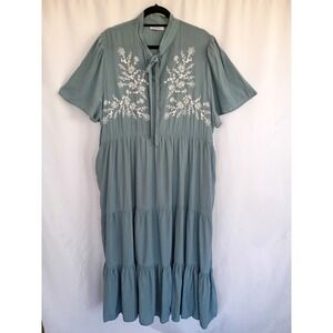 Polagram Blue Floral Embroidered Tiered Tie Neck Midi Dress Sz 3XL Short Sleeve